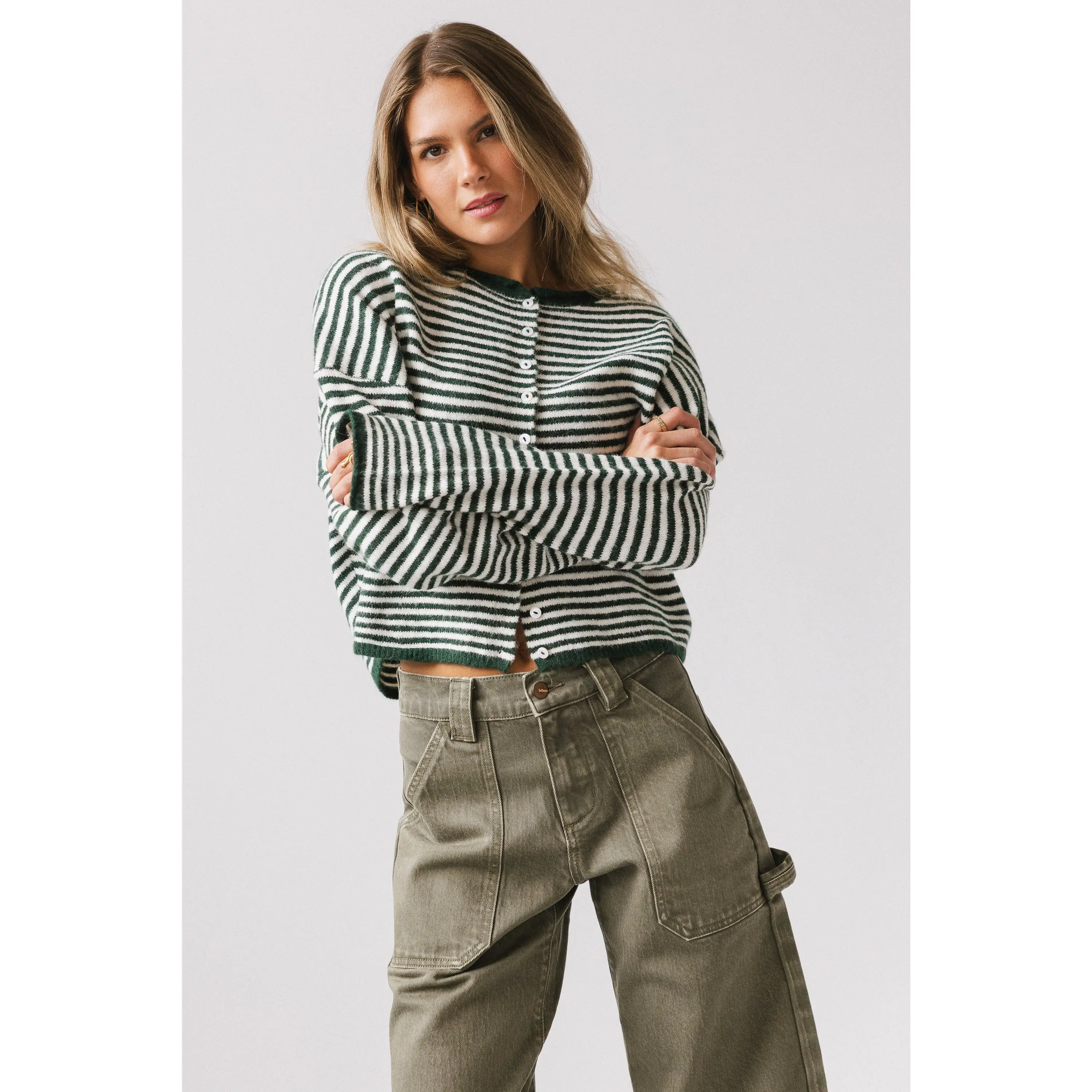 Women's Miriam Striped Forest Cardigan, Long Sleeves, Spandex Polyester Blend, Casual Wear Cardigan for Women, Rib, Hang Dry, Cold Wash, Wool, Chic Stripe Women's Cardigans