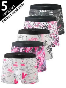 Men's Briefs Set of 5, Soft Comfortable High Elasticity Thin Mid-Waist Underwear, Trendy Heart Print Design, Mixed Colors, Heart Print Boxers