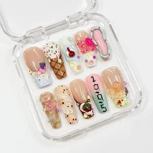 Kawaii 3D Jelly Dessert Press-On Nails Long Square — Pastel Ice Cream Cone And Sprinkle Charms OUHG