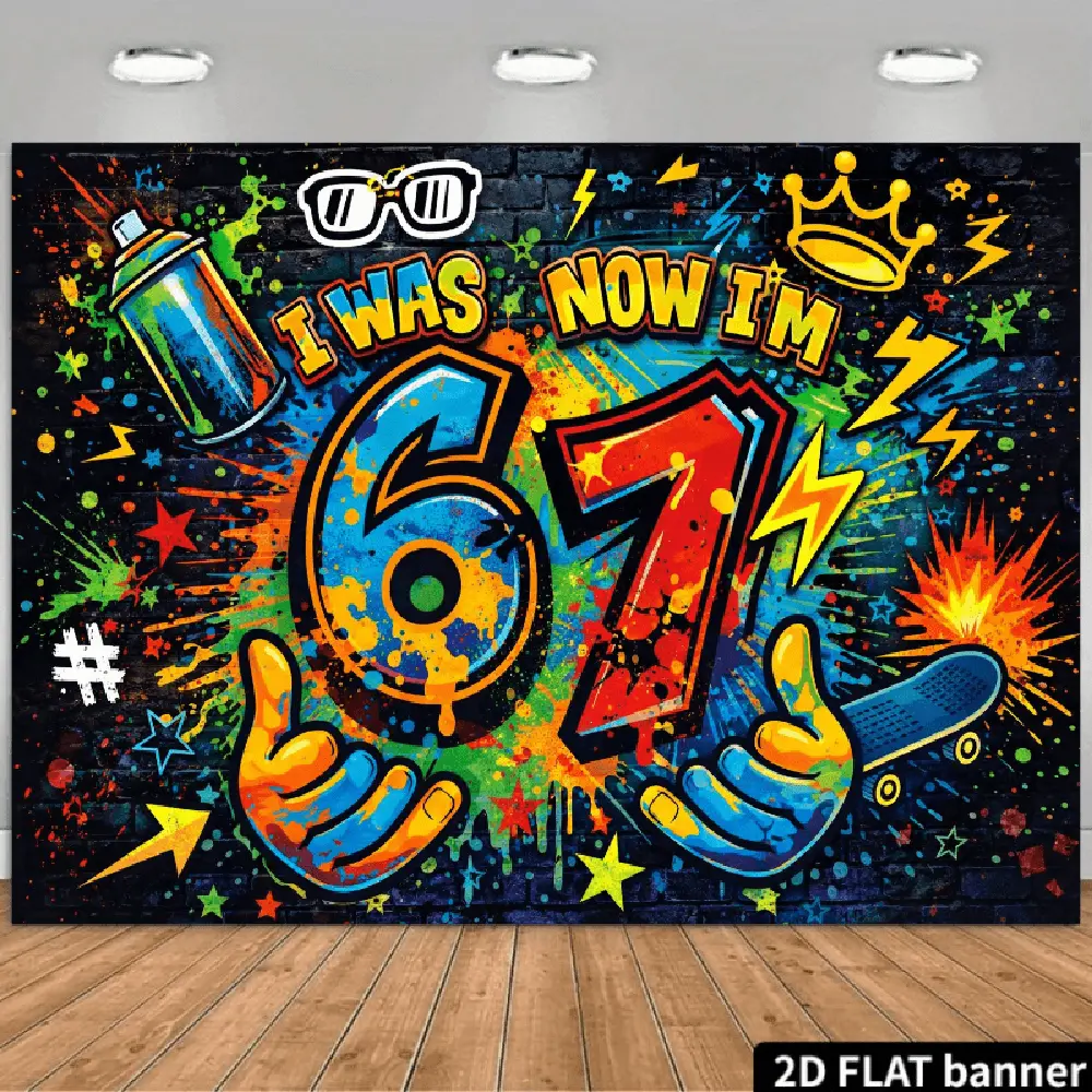 Polyester 2D Flat Banner Photography Backdrop Cloth - HD Digitally Printed Graffiti Art, Colorful Splatters, 67, Crown, Skateboard Themes - Soft, Lightweight, Foldable, Machine Washable for 67th Birthday Decor, Indoor Festive Supplies