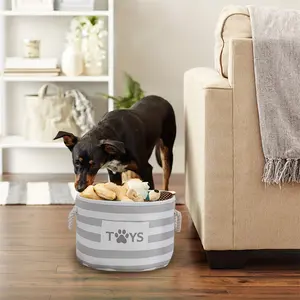 [Striped Foldable Pet Basket] Foldable Striped Pet Toy Basket - Woven Rope Handle Dog Toy Storage Bin for Accessories and Supplies