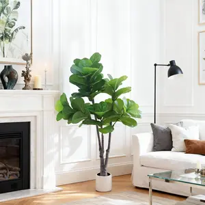 Realistic Artificial Fiddle Leaf Fig Tree – Tall Faux Ficus Lyrata Silk Plant, Indoor/Outdoor Decorative Greenery for Home, Office, Restaurant, Housewarming Gift, in Pot – Size: 5FT
