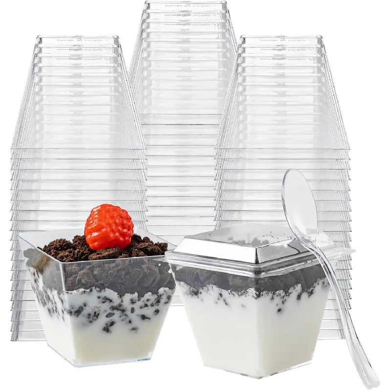 60Pack 4oz Plastic Dessert Cups with Lids and Spoons, Mini Plastic Parfait Cups for Parties, Clear Square Cups for Appetizer Cake Ice-cream