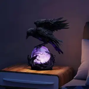 Gothic Glowing Ball Raven Statue, Resin Raven Perched on Lighted Sphere, Outdoor Moonlight Lamp for Christmas & Year-Round Decor, Gothic Aesthetic