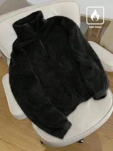 Winter Warmth Hack 🔥 Black Sherpa Half-Zip Pullover | Oversized Teddy Fleece | Cozy Streetwear Fit，Cold Weather Essential ❄️ Plush Teddy Fleece Half-Zip | High Neck Thermal | Minimalist Winter Outfit