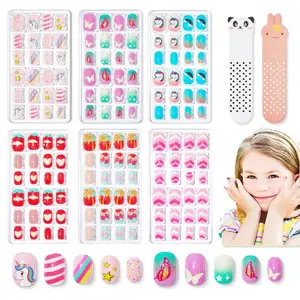 Press on Nails for  144Pcs 6 Pack  Acrylic Fake Nails Pre-glue Full Cover Glitter Gradient Color Butterfly Unicorn Short False Nail Art Kits Sets Easter Gifts for  Girls