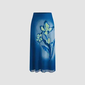 Cider [size 2-10] Mesh Mid Rise Floral Maxi Skirt