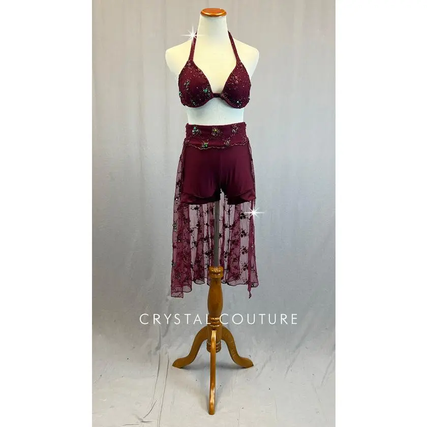 Custom Maroon Two Piece with Long Beaded Back Skirt - Rhinestones