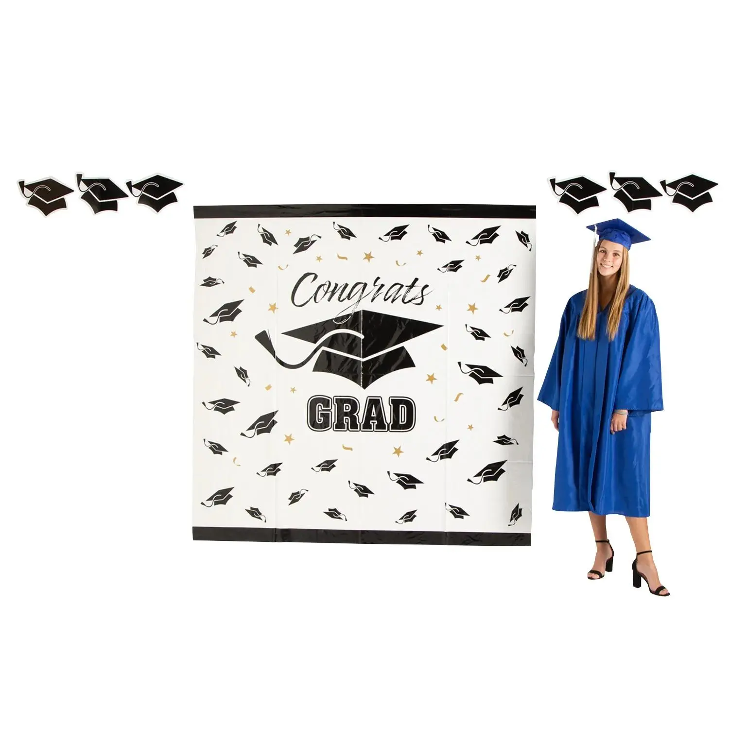 6 Ft x 6 Ft Colorful Multicolor Cardstock Graduation Backdrop with Grad Cap Cutouts, 3-Pc Photo Booth Decoration, 3 Pcs., 6X6ft