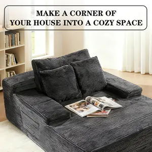 Modern L-Shaped Sectional Sofa with Chaise, Grey Corduroy Couch, Storage Pouches, Throw Pillows