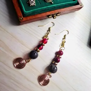 SCS-BWER2-009 Earth Terracota Spiral Earrings with Red and Gray Beads and Golden Coils