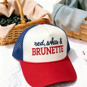 Independence Day Trucker Hat for Women - Red White & Brunette Summer Snapback Cap - Cute 4th of July Party Outfit Accessory