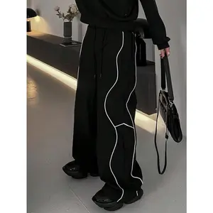 Men’s Black Baggy Track Pants with White Contrast Stitching, Loose-Fit Streetwear Trousers (Gift)