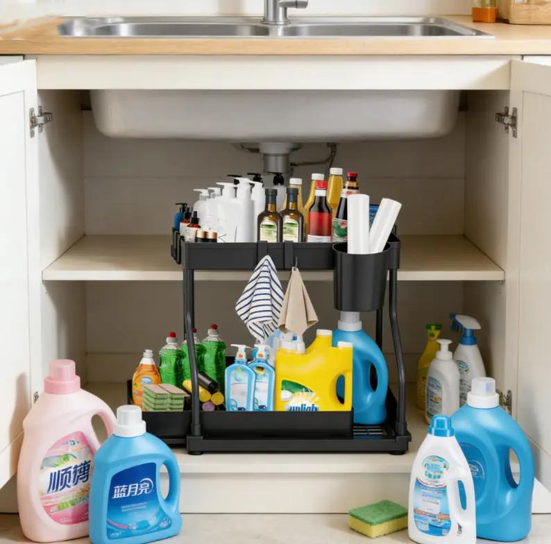 Space-Saving 2-Tier Under Sink Sliding Organizer with Pull-Out Basket for Kitchen Bathroom Laundry Corner Clear Cosmetic Rack Collapsible Multifunctional Storage Bins Rolling Three-Tier Cart Magnetic Spice and Drink Set