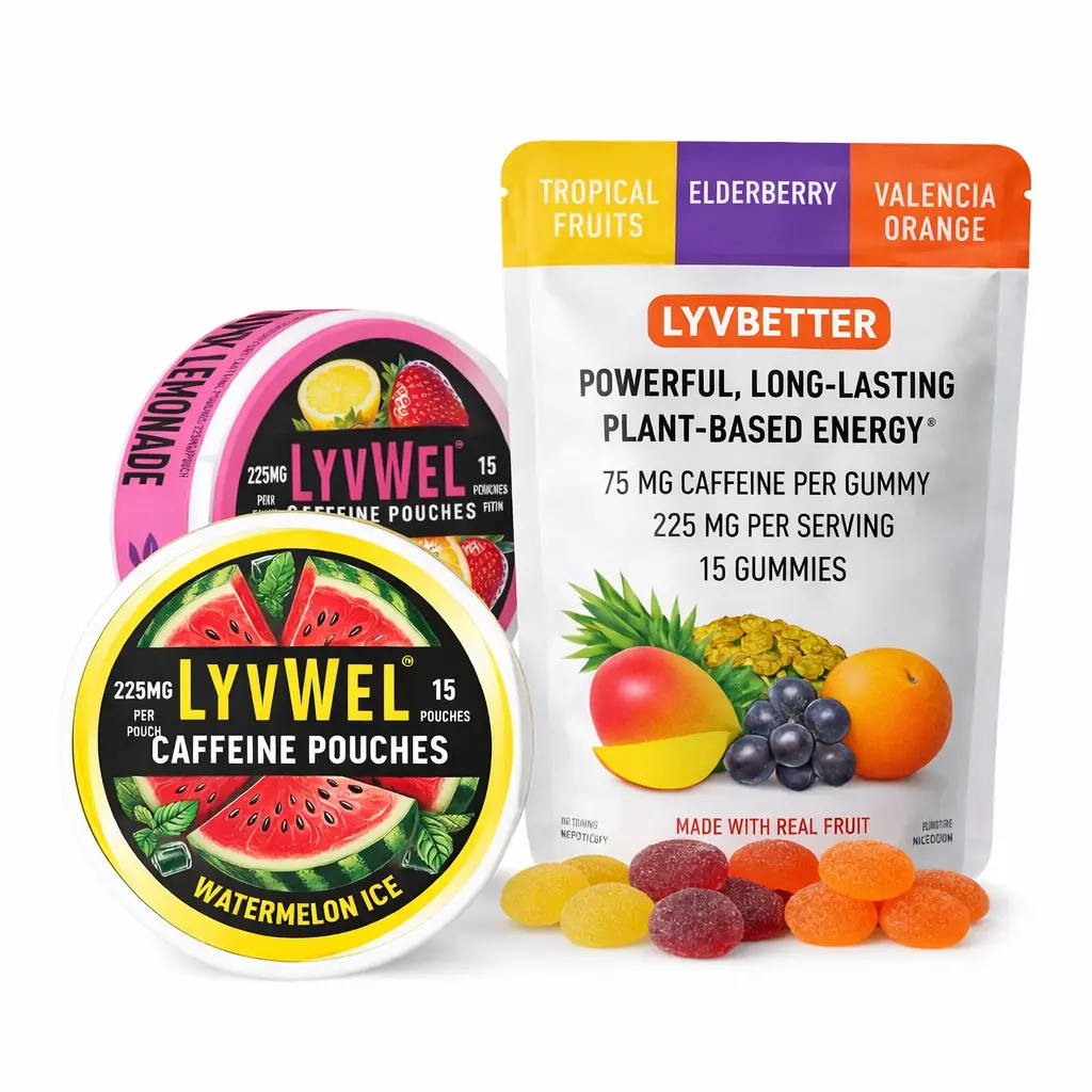 Lyvwell Natural Fruit Flavors Sport Energy Beverage Pouches - Pink Lemonade, Watermelon Ice (45 Pouches) + 1 Pack Caffeine Gluten-Free Gummies