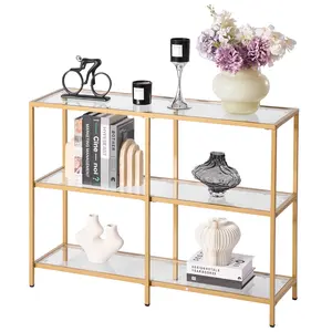 VEVOR 3-Tier Glass Console Table, Modern Rectangle Sofa Side Table with Tempered Glass Top and Iron Legs, Golden Consloe Desk with Anti-Tip Device for Living Room, Hallway, Entryway, Foyer, Golden