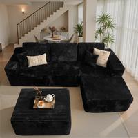 Black Plush Corduroy Right Chaise