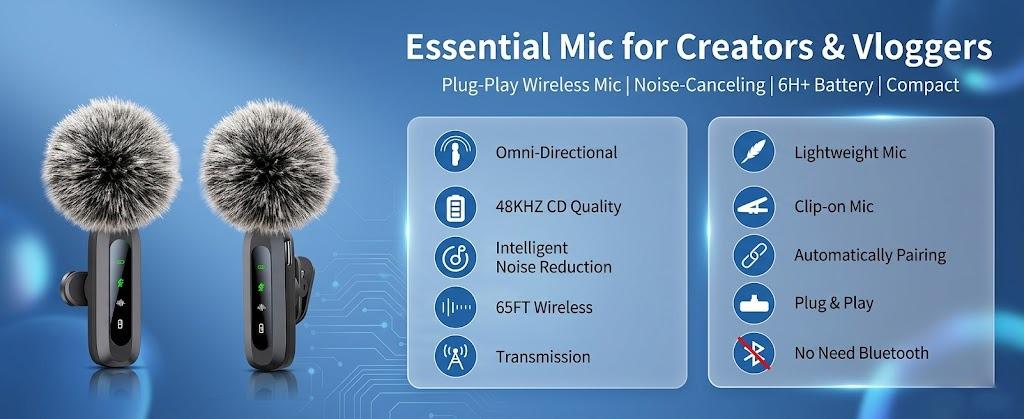 HITOZON Professional Wireless Lavalier microphone for iPhone,Android phone,Wireless Microphone Plug-Play,Lapel Mic for Video Recording,Teaching, interviews,Podcast,Cordless Omnidirectional Condenser Recording Mic for TikTok,YouTube,Vlog