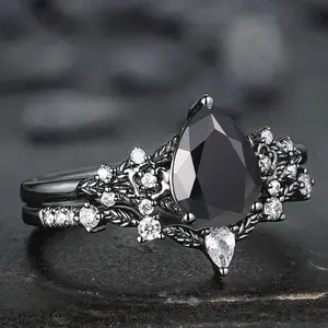 Black Warrior Flower Women's Ring Stackable Unique Luxe High-End Wedding Couple Band with Black Zircon Stone Elegant Fashion Jewelry