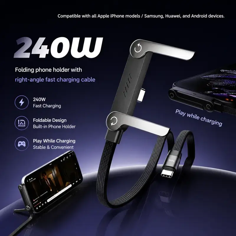 240W 2-in-1 Fast Charging Type-C Cable with Invisible Foldable Phone Stand, PD3.1 Durable Nylon Braided Flexible Bend USB-C Cord, Non-Hand-Blocking Design for iPhone 15/16/17/18, Samsung, MacBook, iPad – Gaming & Office Use