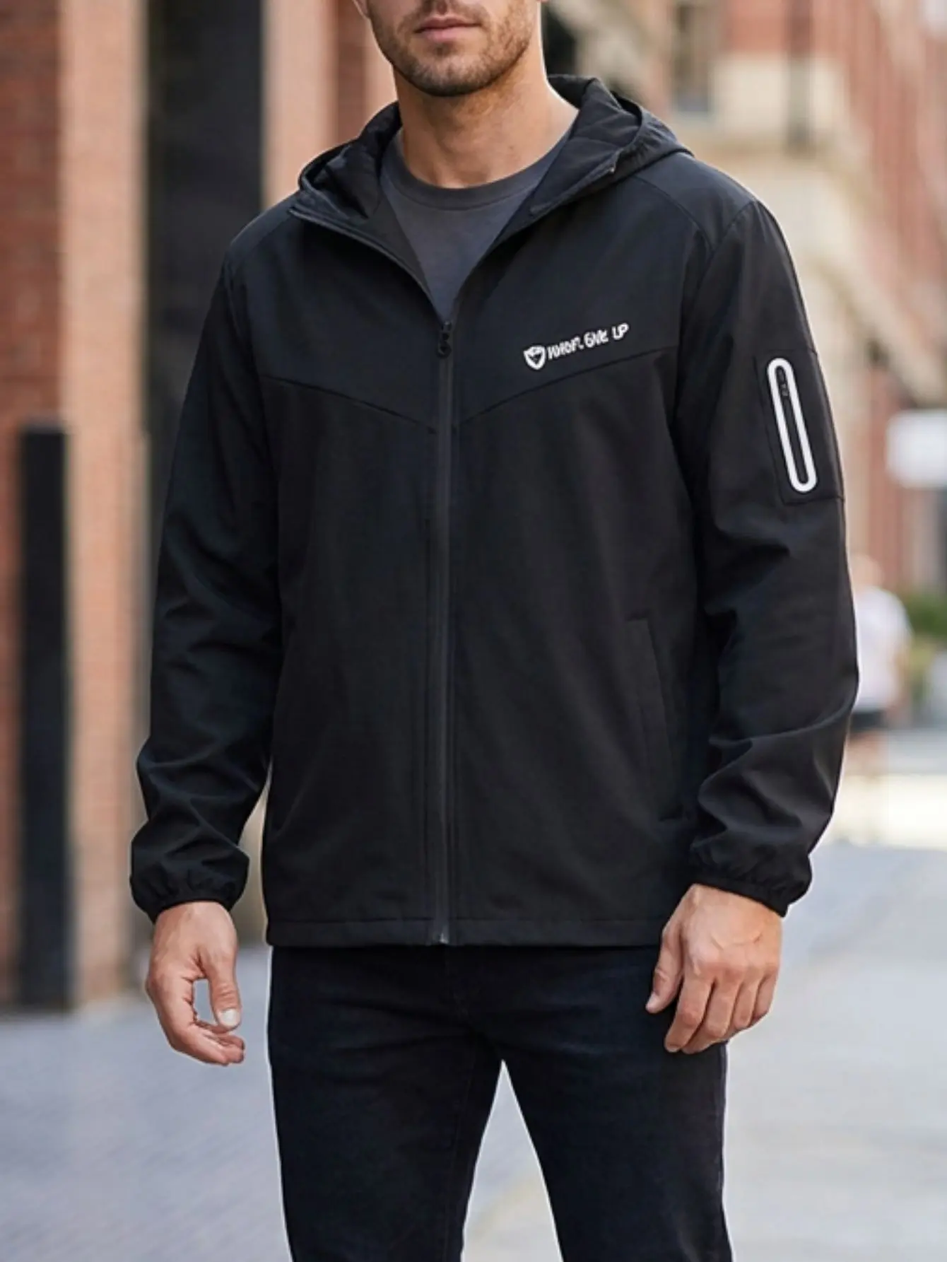 Men’s loose hooded windbreaker, letter-print zip casual jacket, outdoor streetwear outerwear with elastic cuffs; minimalist raglan-shoulder hooded sports jacket, everyday running top
