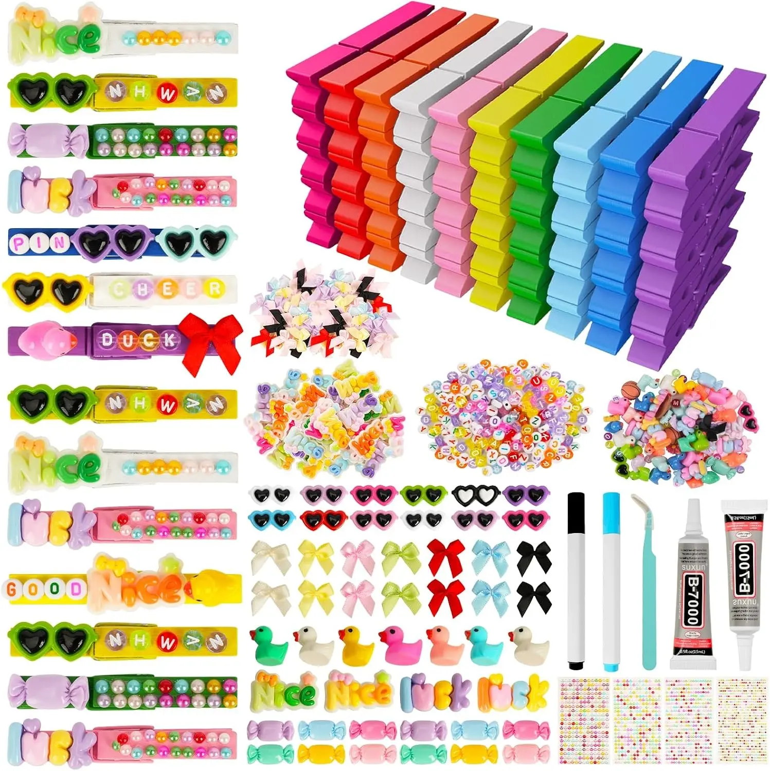 50 Set Personalized Cheer Pins Spirit Clip Kit, Wooden Color Clothespins with 200 Beads, 58 Resin Charms & Gem Stickers, DIY Team Spirit Pins Making Kit for Sports Party, Classroom & Cheer Events