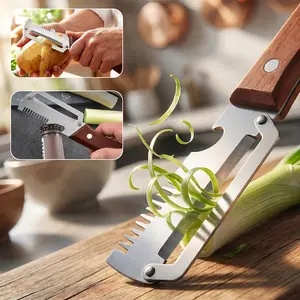 [Summervibes] (2 Pcs / 1pc) Multi-Functional Vegetable Peeler for Kitchen, UItra-Sharp Stainless Steel Blade with Wooden Handle and Bottle Opener, For Vegetables or Fruits that Need to Be Peeled Shredded scallions