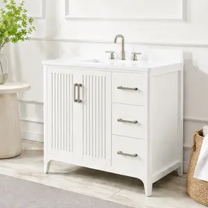 ARCH 36 Inch Solid Wood Pre-Assembled Bathroom Vanity Floor Cabinet with Ultra-White Countertop, Sink, 3 Silent Drawers, Adjustable Shelves, Built-In Power Station, Farmhouse Modern Style, White Finish, for Bathroom Storage and Organization