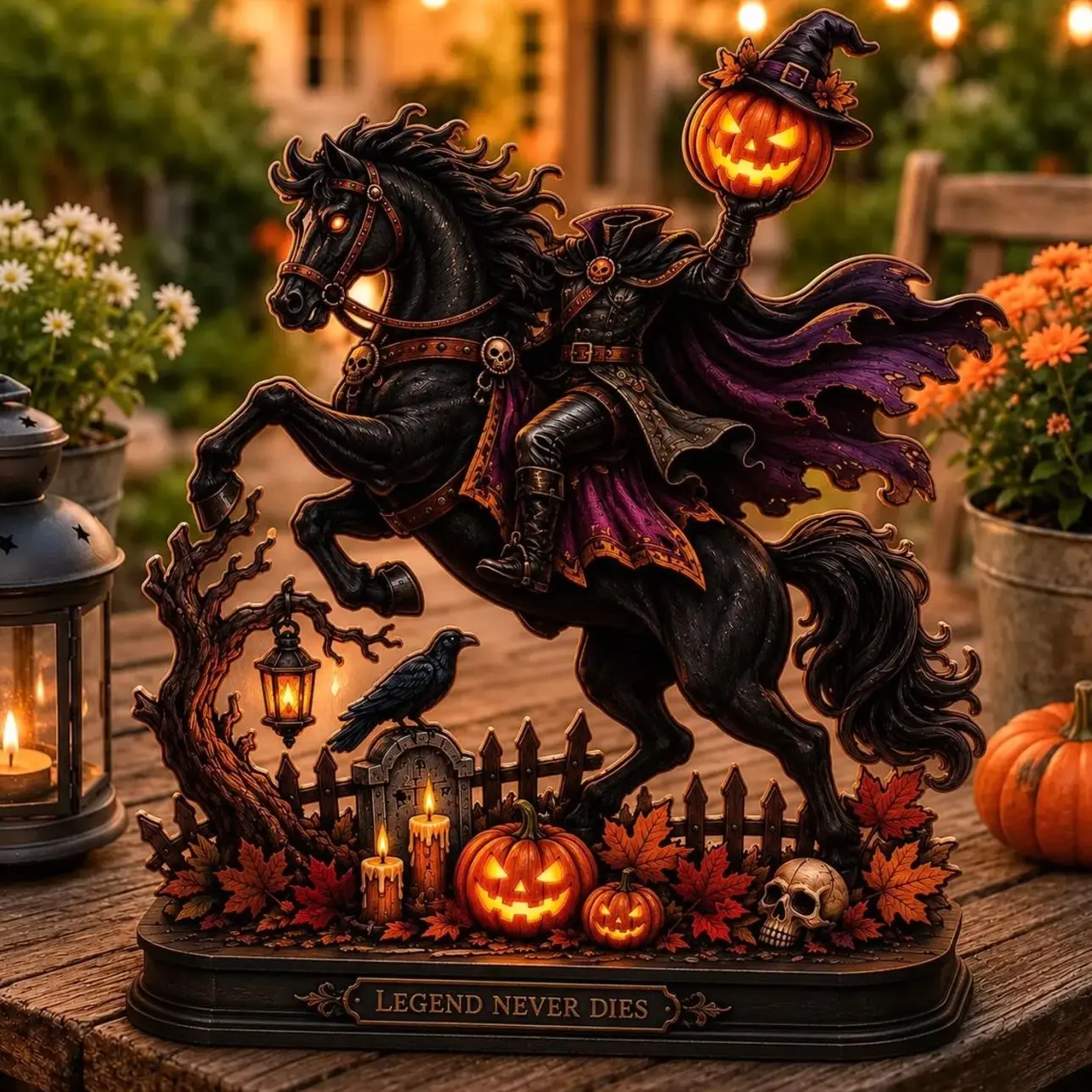 Headless Horseman Wooden Block Decor, Halloween Rider Display, Haunted Horse Shelf Ornament, Gothic Table Accent, Fall Home Decoration