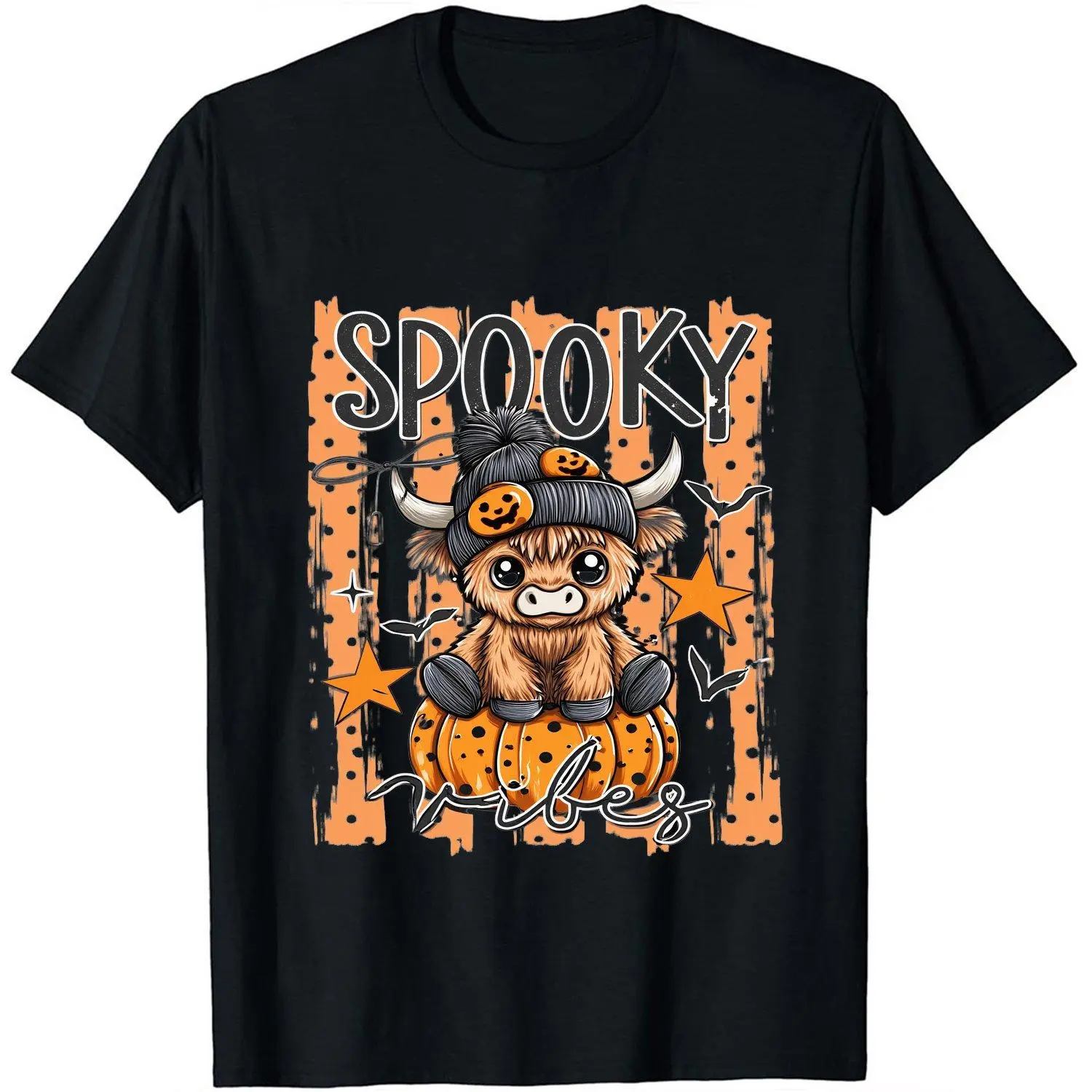 Halloween Highland Cow Spooky Vibes Graphic Print T Shirt Short Sleeve Casual Pullover Tee Top women Stylish Seasonal Costume Shirt