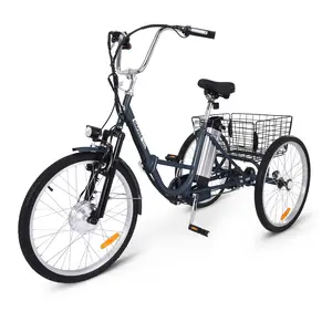 GARVEE 7-Speed Folding Electric Tricycle for Adults with 24-Inch Wheels, 3-Wheel Motorized Design, 36V 10Ah Removable Battery, 250W Motor, Large Basket, and 330 lb Load Capacity in Gray