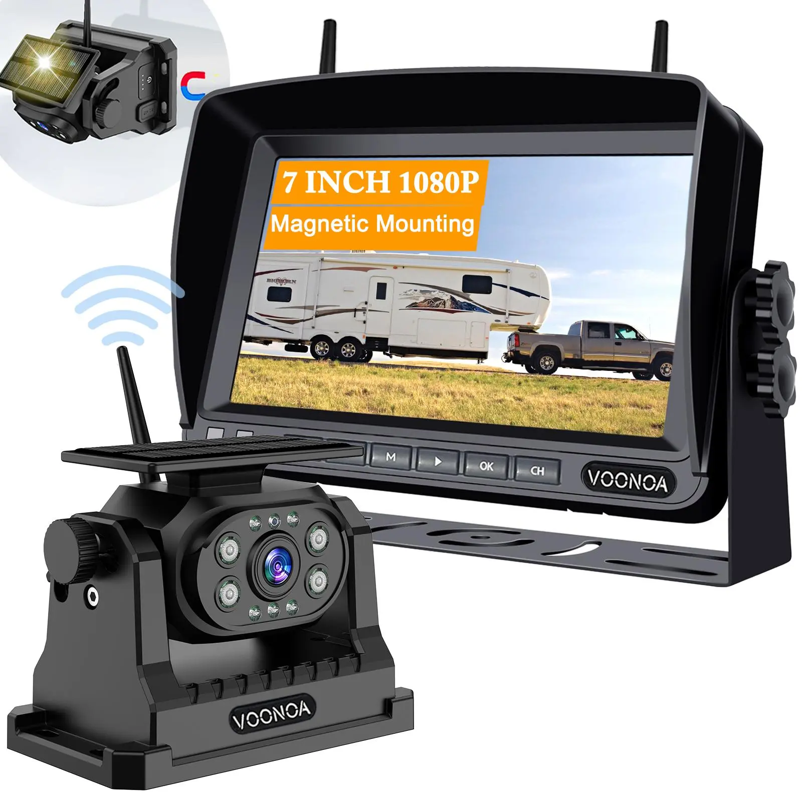 Wireless Magnetic Backup Camera, 15000mAh Battery Powered Rechargeable Waterproof HD Solar Back Up Rear View Bluetooth Hitch Camera with 7 Inch 1080P Monitor System for Car Truck Trailer RV VN003
