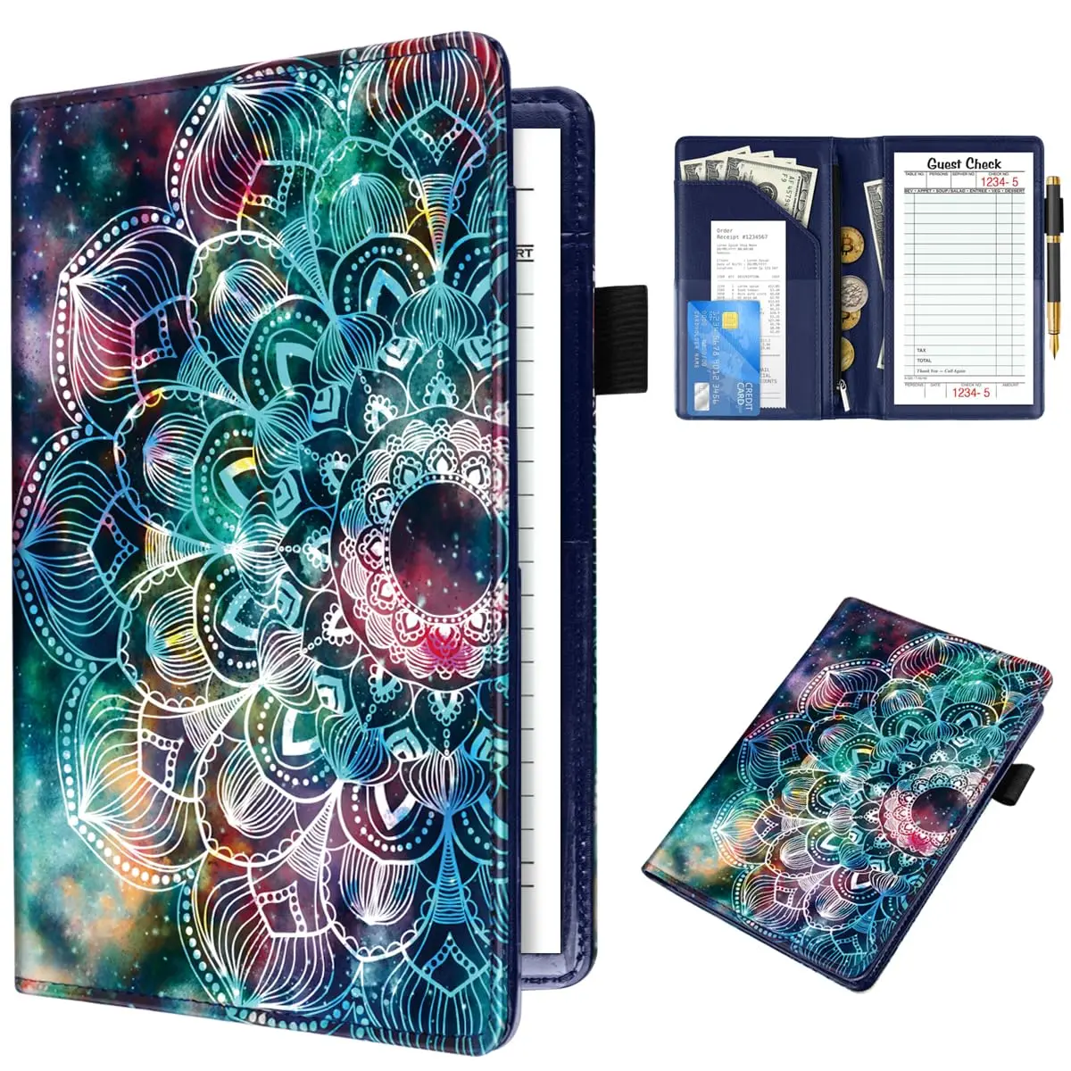 Server Books for Waitress Waiter Leather Guest Book Note Pad with Zipper Money Organizer Wallet Cash Check Bill Receipt Holder Presenter 8x5 inch
