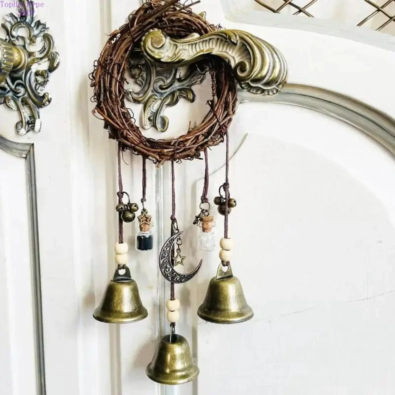 Vintage Witch Bell Hanging Wall Decor, Bohemian Style Wiccan Hanging Ornament, Rustic Wall Art for Home, Living Room, Bedroom & Garden, Indoor Outdoor Wall-Mounted Apartment Accessory