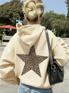 Trendy Leopard Star Print Fitted Hoodie for Girls, Fashionable Casual Long Sleeve Sweatshirt, Soft Comfortable Youth Sports Wear
