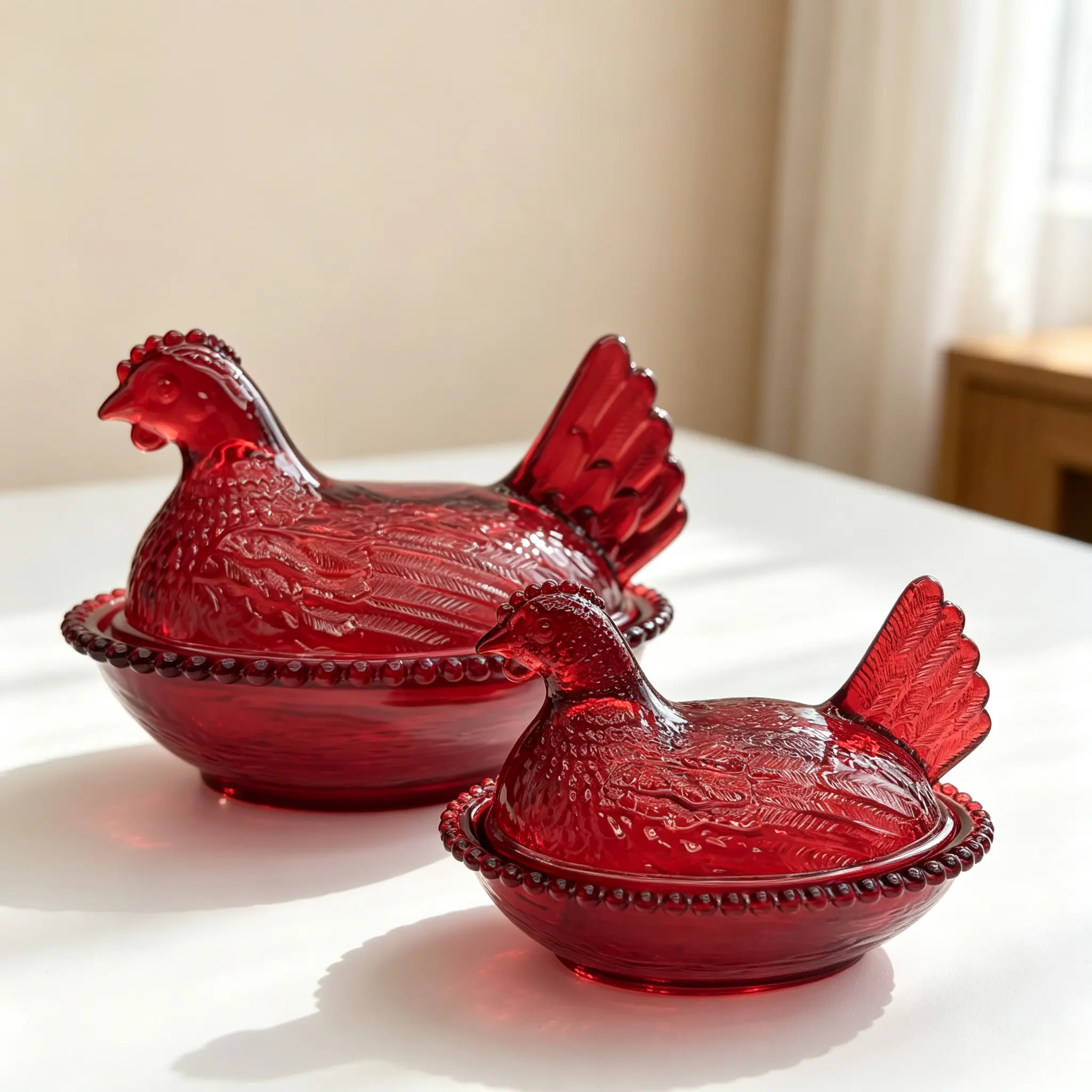 Exquisite Durable Chicken Motif Crystal Glass Large Jar+Plate Multi-Use Set - Home Organizer Storage Jar, Party Decor Centerpiece, Garden Theme Fruit Platter, Multi-Color Snack Bowl, Egg Plate Table Ornament, Varied Sizes