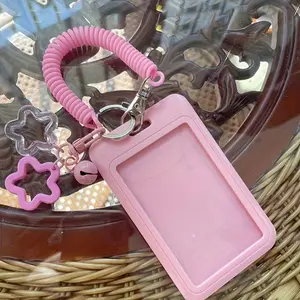 Morandi Star Charm Slide Cover Card Holder Case For ID/Access Card,Back To School,Student ID,Badge Holder,Card Holder Pocket With Star Keychain/Spring Lanyard,Card Bag for Bus,Campus,Office,Credit Card,Photo Card Holder