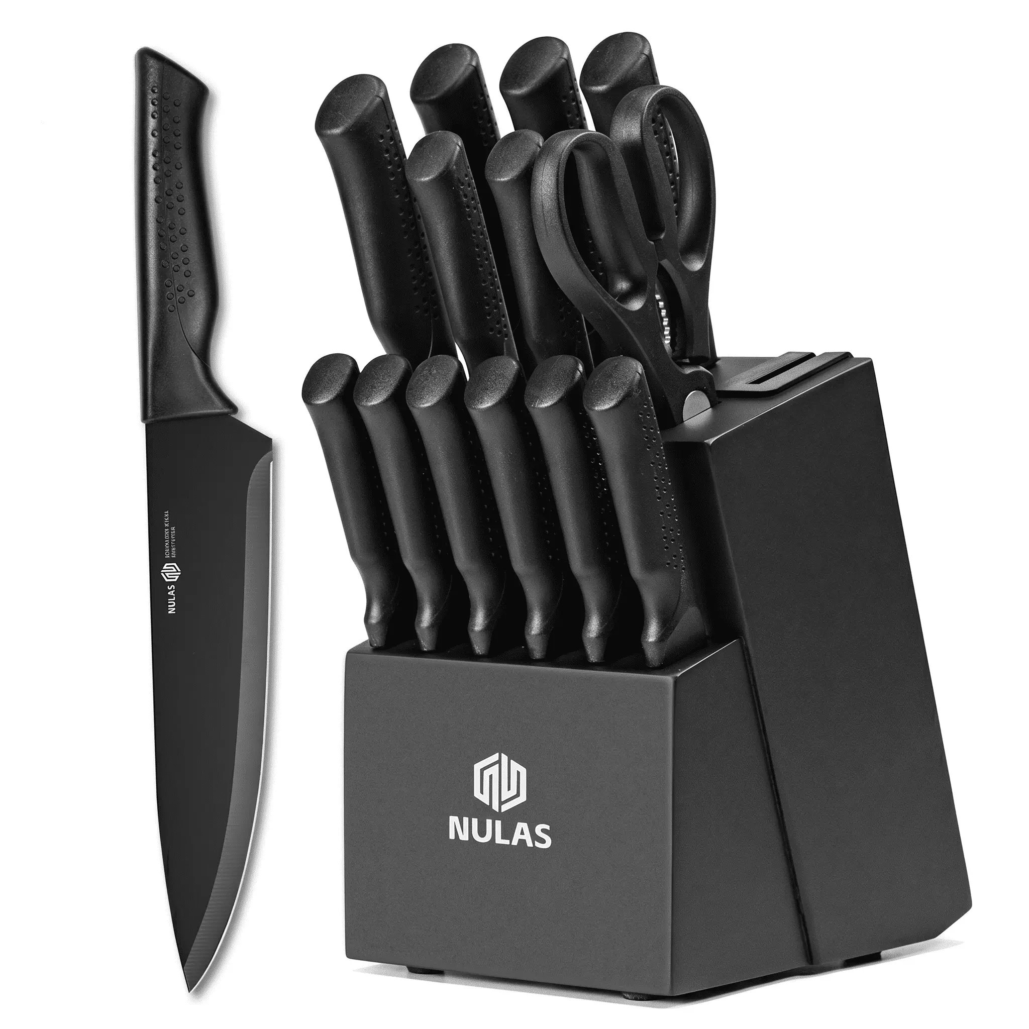 NULAS Knife Set, 14Piece Knife Sets for Kitchen with Block, Dishwasher Safe, Built in Sharpener Block, Black