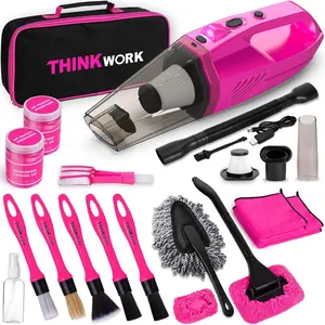 Car Detailing Kit Interior Cleaner, Car Cleaning Kit With 8000PA Cordless Handheld Vacuum Cleaner, Car Interior Detailing Brush Set, Pink Car Accessories, Gift for Women