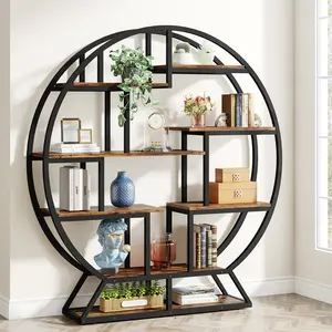 Tribesigns Round Bookshelves Etagere Bookcase, 63 Inch Industrial Wood Book Shelf with Staggered Shelves, for Home Office, Living Room