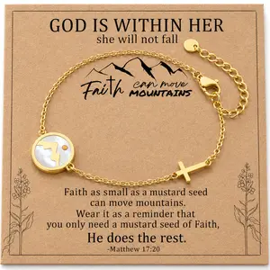 Gold Plated Faith Bracelet for Women, Mother of Pearl Mountain Charm and Cross Bracelet, Stainless Steel Adjustable Christian Jewelry, Hypoallergenic Inspirational Gift for Her