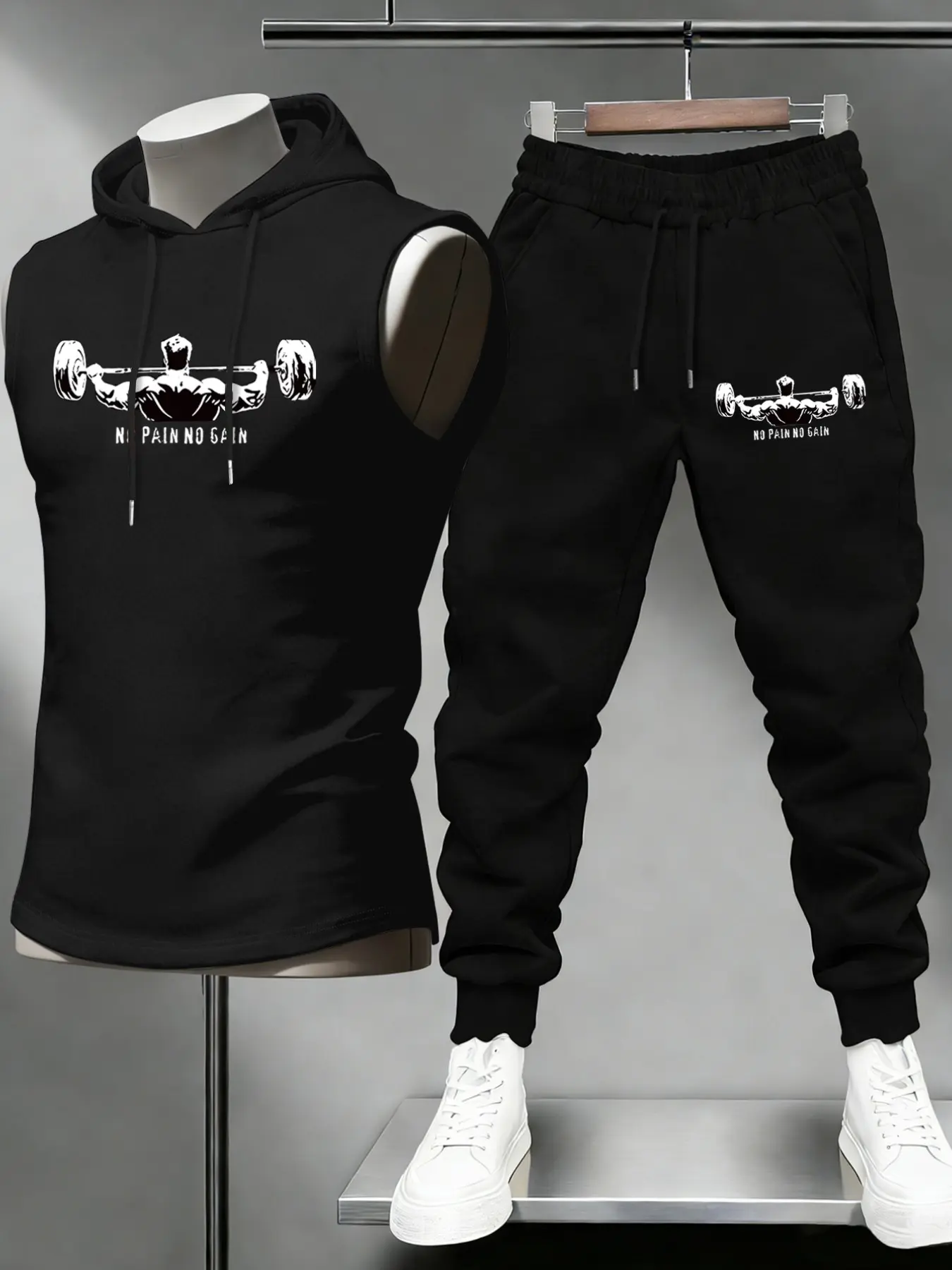 Men's 2-Piece Set Weightlifting Print Hooded Sleeveless Vest + Casual Waist Drawstring Pants, Outdoor Sports Daily Wear, Gym Casual Wear, Workout Casual Wear, Sport Casual Outfit, Printed Sports Suit