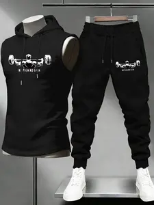 Men's 2-Piece Set Weightlifting Print Hooded Sleeveless Vest + Casual Waist Drawstring Pants, Outdoor Sports Daily Wear, Workout Casual Wear, Printed Sports Suit