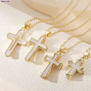 18K Gold Plated White Shell Cross Necklace for Women | Dainty Gold Cross Pendant Jewelry | Minimalist Layering Necklace | Trendy Y2K Aesthetic Jewelry | Versatile Everyday Wear | Gift for Her | TikTok Fashion Jewelry