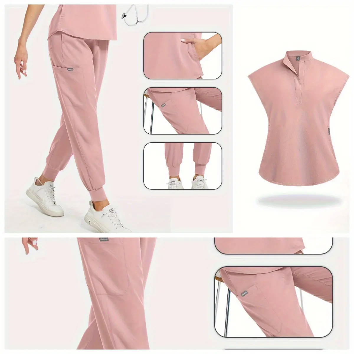 Regular & Petite Stretchy Scrubs Set for Women - Top + Pants Uniforms Small Stand-up Collar Top