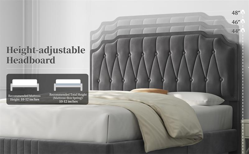 Yaheetech Queen Bed Frame Velvet Upholstered Platform Bed with Curved Headboard, Height-Adjustable Headboard/Noise-Free/Wooden Slats Support/No Box Spring Needed/Easy Assembly