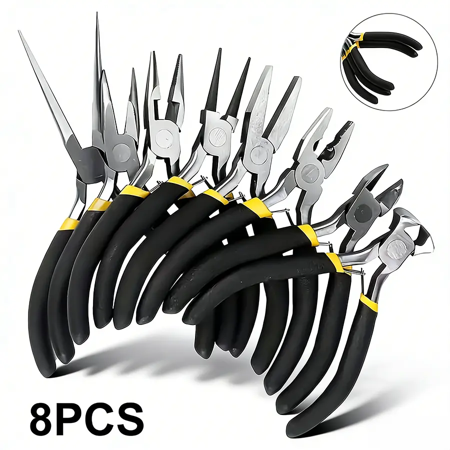 8pcs Mini Pliers Set with Tool Bag, Long Nose Pliers, Diagonal Pliers, End Cutting Pliers, Curved Nose Pliers, Combination Pliers, Flat Nose Pliers, Needle Nose Pliers, Round Nose Pliers for Jewelry Making,  Gifts for Family And Friends