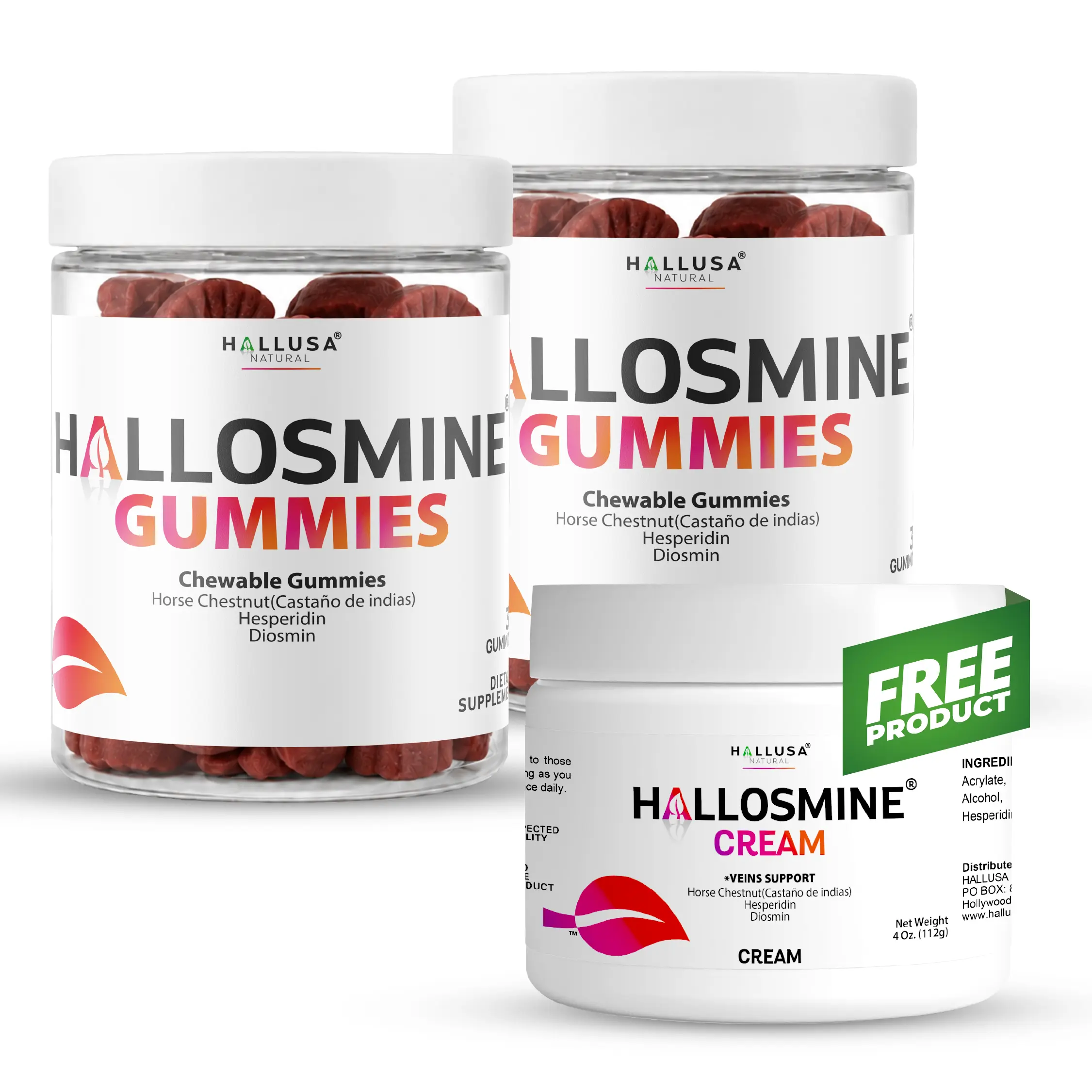 HALLOSMINE GUMMIES x 60 + FREE Hallosmine Veins Cream – Chewable Botanical Formula with Diosmin & Hesperidin – Dietary Supplement Hallusa Natural Daily All-in-One Multivitamin