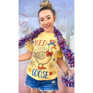 Tees2urdoor Women's Basic Cotton Round Neck Shortsleeve Graphic Top, Red White Goose Americana Flowers Print, Casual Streetwear, Compatible with Hats & Shorts