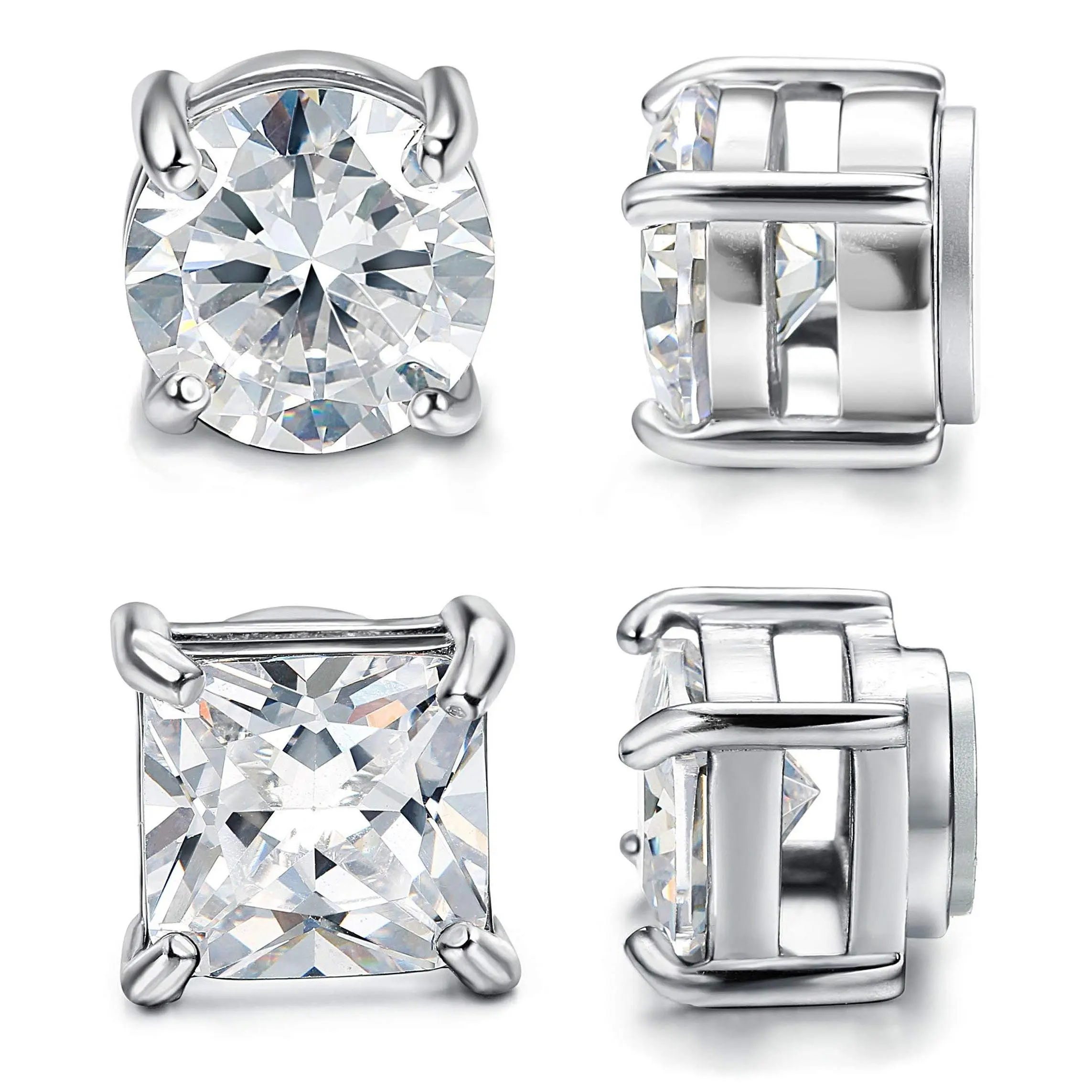 2-Pair Non-Piercing Magnetic Ear Studs, Stainless Steel High Quality Earrings for Men & Women, Round & Square Trendy Jewelry, Zircon Stud Earrings, Stud Earring Jewelry